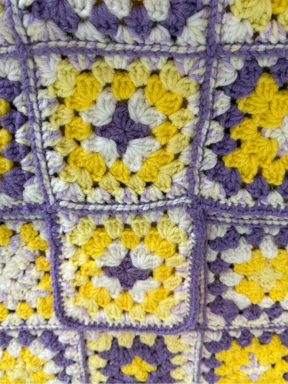 Vintage Crocheted Afghan Sofa Granny Squares Purple Yellow 50 X 80